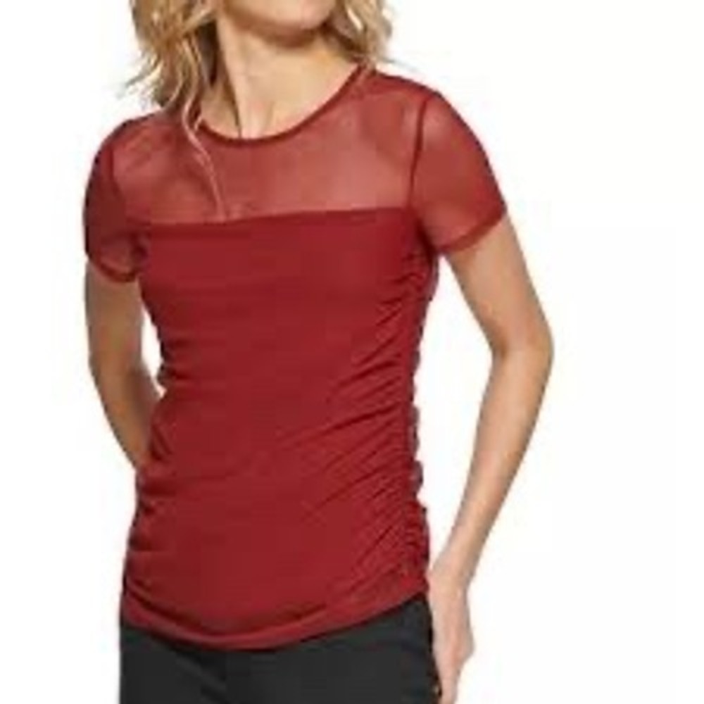 DKNY Mesh Panel Ruched Side Top Womens Medium Red New Short Sleeve P22HCNHV